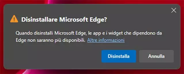 Il messaggio mostrato da Microsoft per concludere la disinstallazione di Edge da Windows