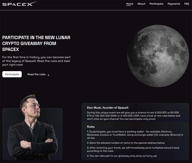 Il sito che sponsorizza il presunto progetto di Elon Musk e di Space X legato alle criptovalute