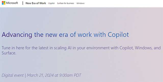 L'annuncio di Microsoft per l'evento New Era of Work del 21 marzo
