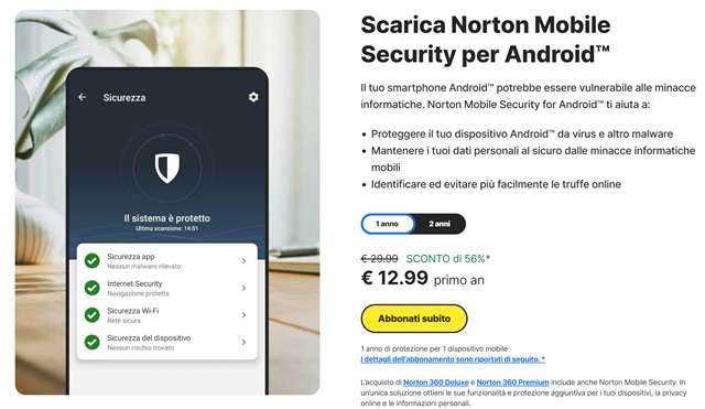 norton mobile security per android 12,99 euro