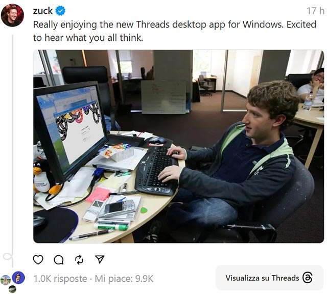 Il post di Mark Zuckerberg su Threads