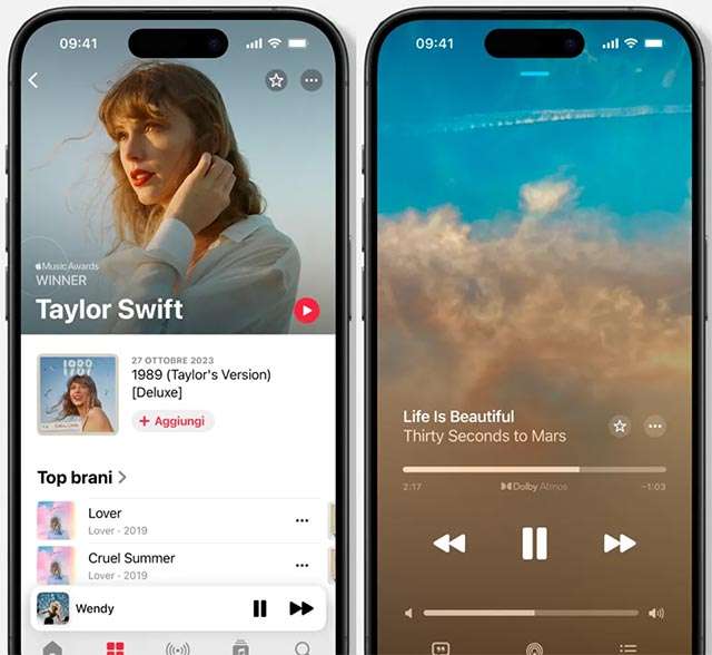Screenshot per l'applicazione iOS di Apple Music