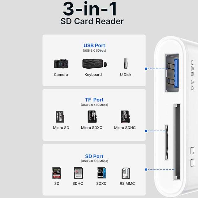 Le porte presenti sul lettore di schede 3-in-1 di JSAUX con USB-C