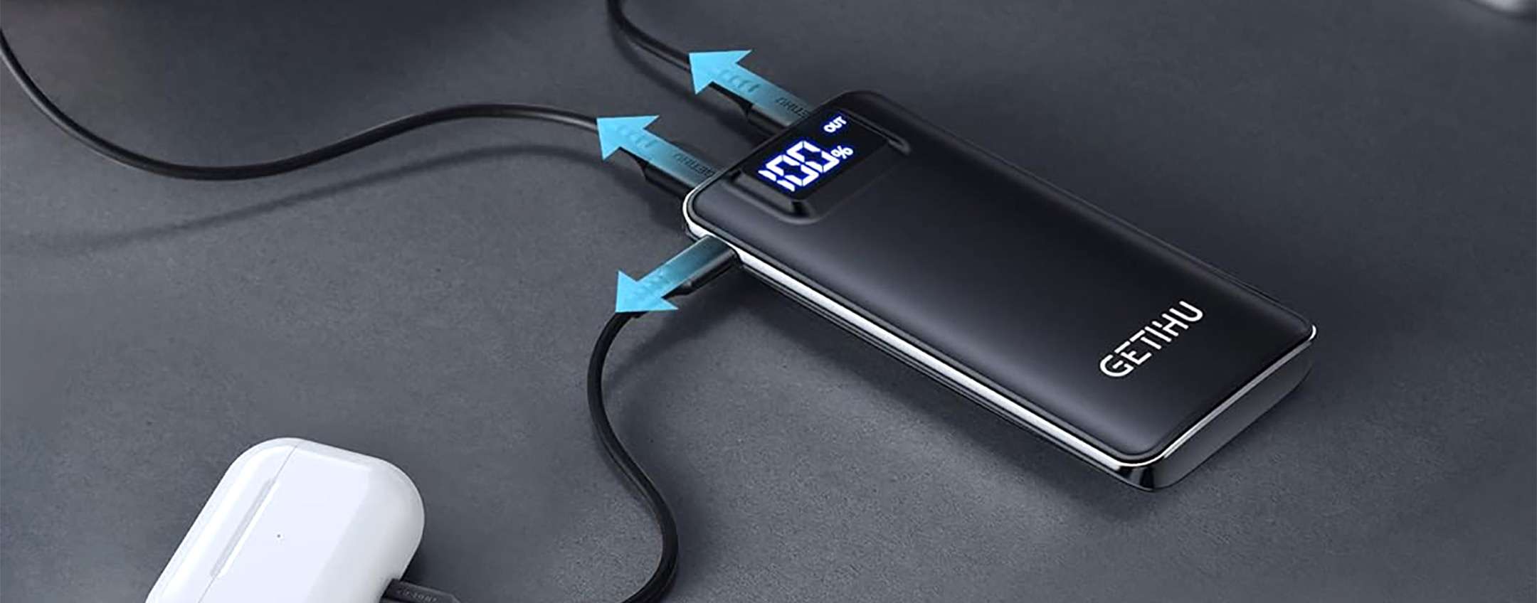 Power bank 10.000 mAh con 4 cavi di collegamento display LCD per l'indicazione di carica