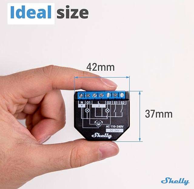 Le dimensioni dell'interruttore a relè Shelly Plus 2PM con Wi-Fi e Bluetooth