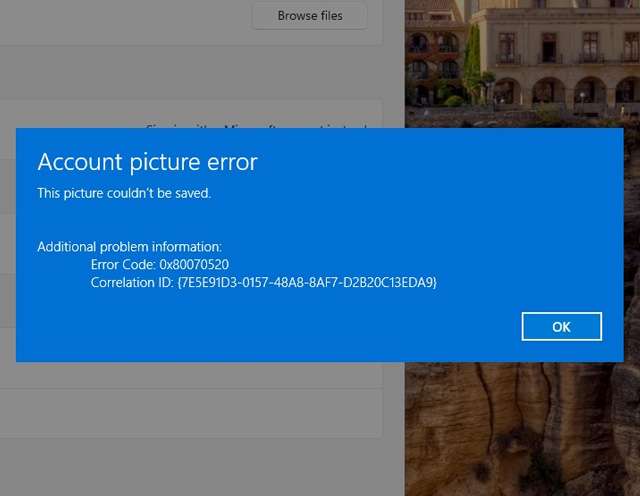 L'errore 0x80070520 che compare dopo aver installato l'aggiornamento KB5036980 per Windows 11, al cambio dell'immagine profilo per un account locale