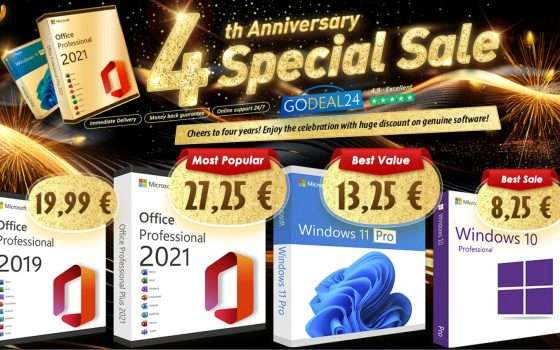 Godeal24, sconti per il 4° anniversario: Office e Windows con sconti fino al 90%