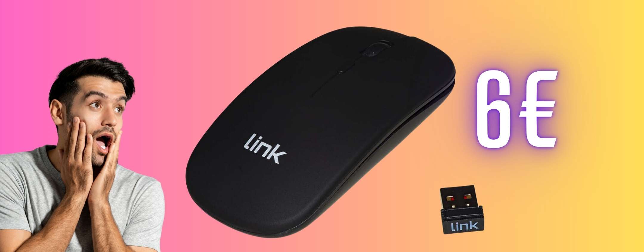Mouse wireless 1600DPI con ricevitore USB e ricaricabile, soli 6€