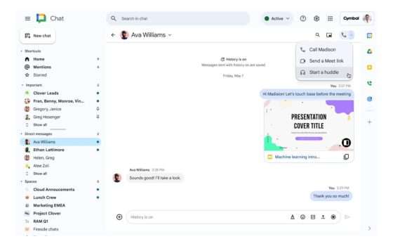Google Chat lancia Huddles, le conversazioni audio istantanee