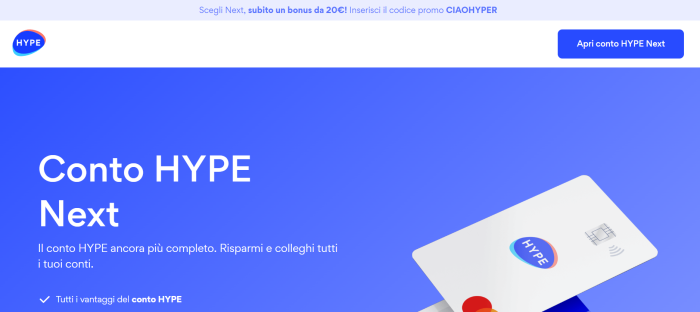 HYPE Next: il conto con 20€ di benvenuto e servizi avanzati
