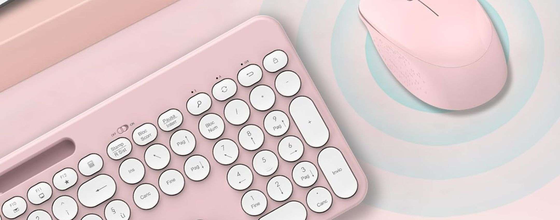 FOPETTT Tastiera E Mouse Wireless Rosa - Set 2.4 GHz Con 68 Tasti, Silenzioso, Compatibile PC Laptop Mac - Regalo Carino