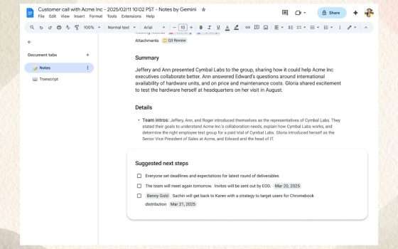 Google Meet, le trascrizioni AI creano lista di cose da fare