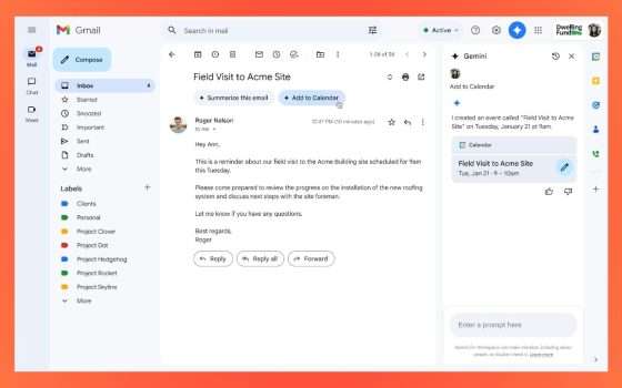 Gmail, arriva il pulsante Aggiungi a Calendar grazie a Gemini