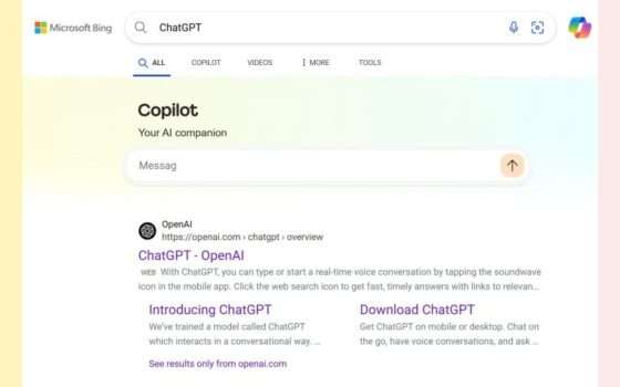 Bing, Copilot in cima ai risultati per chi cerca ChatGPT o Gemini
