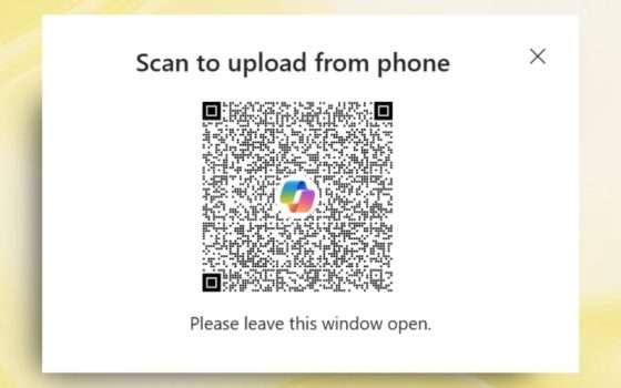 Copilot sul PC, upload di immagini dal telefono con QR code