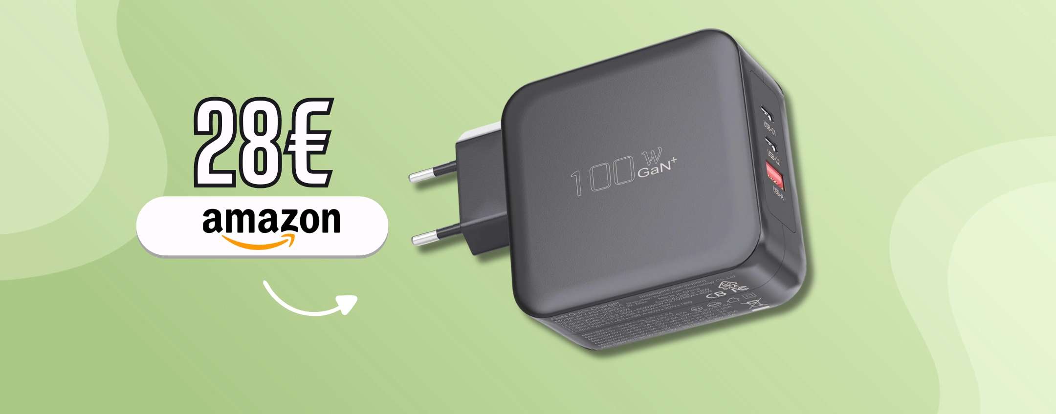 Caricatore USB C 100W con 3 porte, piccolo e perfetto a soli 28€