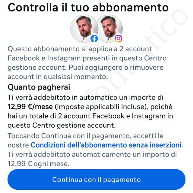 L'abbonamento senza inserzioni per Facebook e Instagram costa 12,99 euro al mese