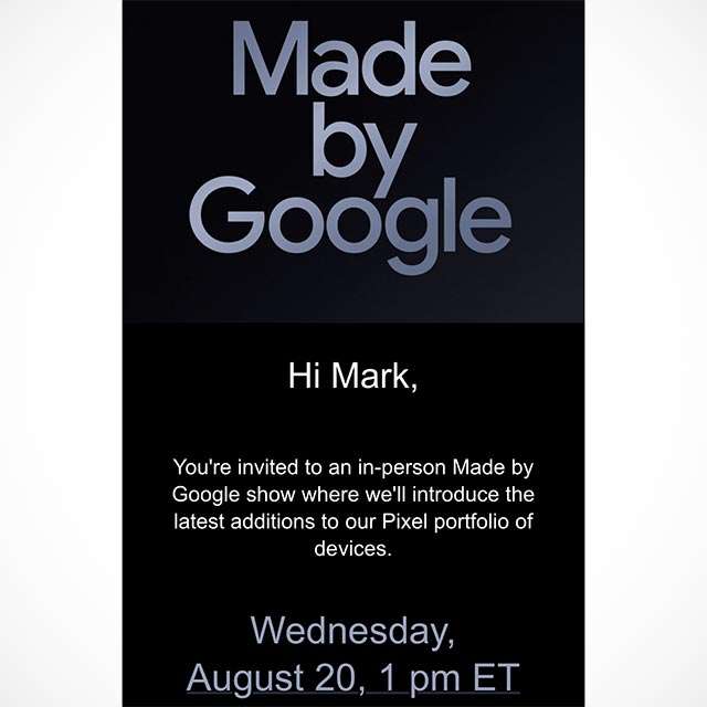 L'invito di Google per l'evento di presentazione degli smartphone Pixel 10