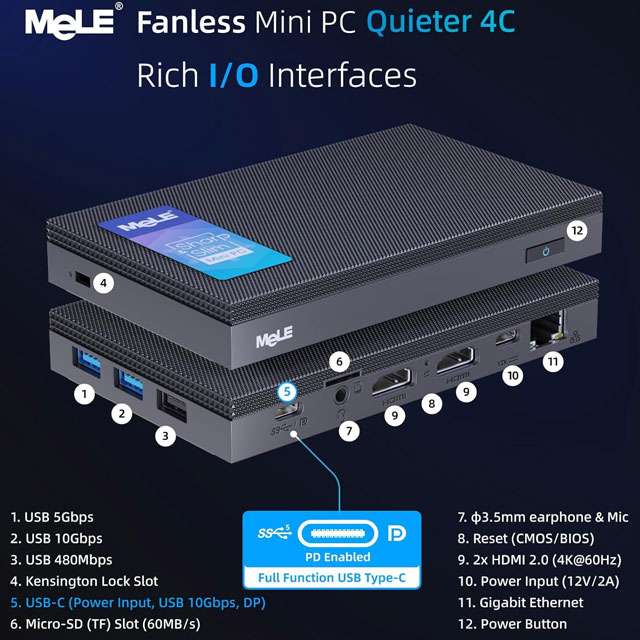 MeLE Quieter 4C: le porte di connessione presenti sul Mini PC