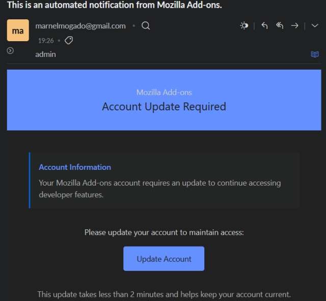 Mozilla AMO phishing email