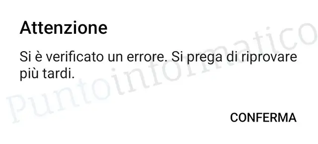 Il messaggio di errore mostrato dall'applicazione di Crédit Agricole