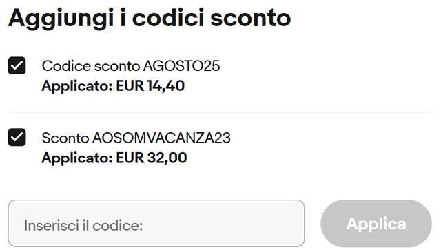 I codici sconto AGOSTO25 e AOSOMVACANZA23 per eBay