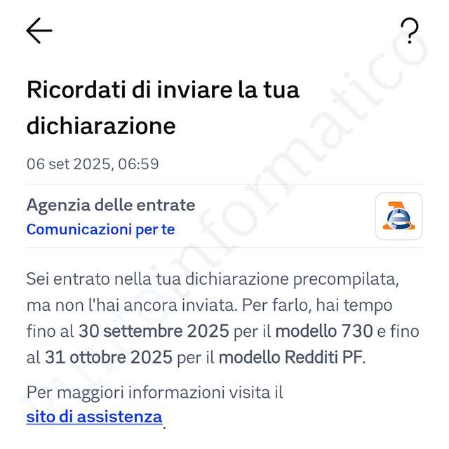 Il messaggio dell'Agenzia delle Entrate sull'app IO, relativo alla dichiarazione dei redditi
