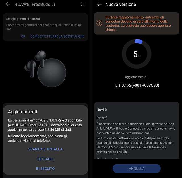 Gli aggiornamenti firmware per HUAWEI FreeBuds 7i si gestiscono su Android con l'app AI Life