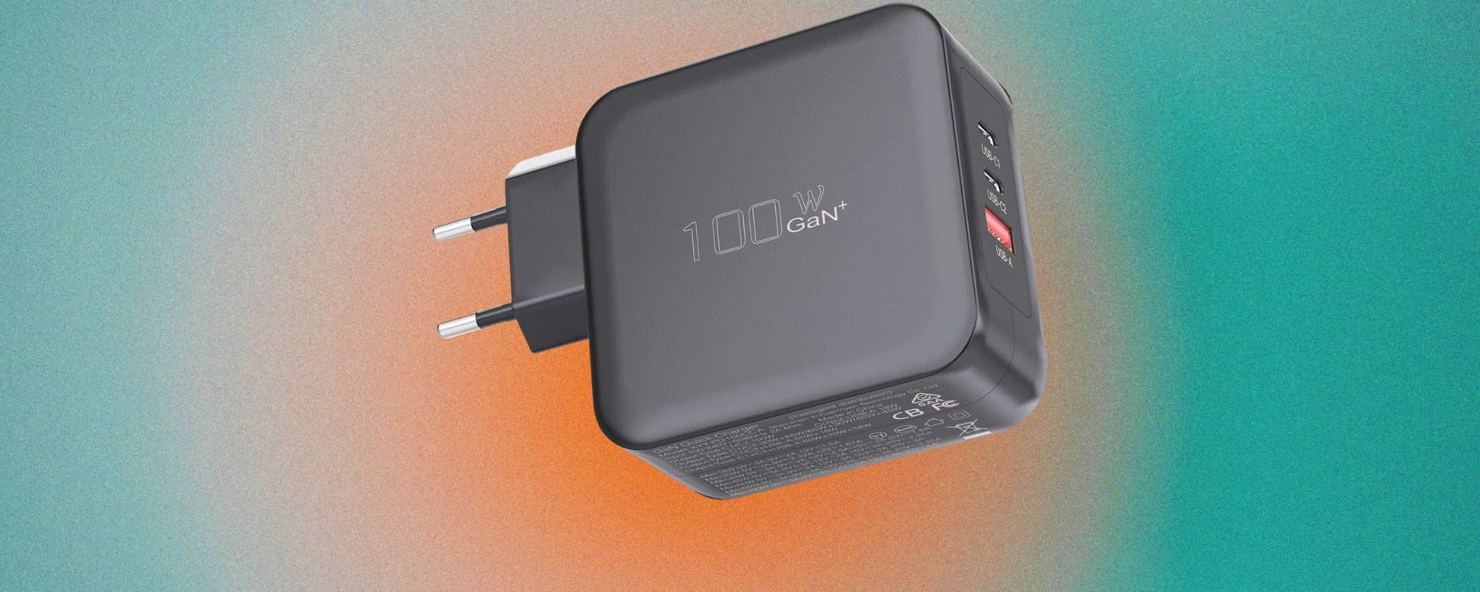Caricatore USB-C 100W GaN in offerta a tempo: ricarichi laptop e telefono insieme