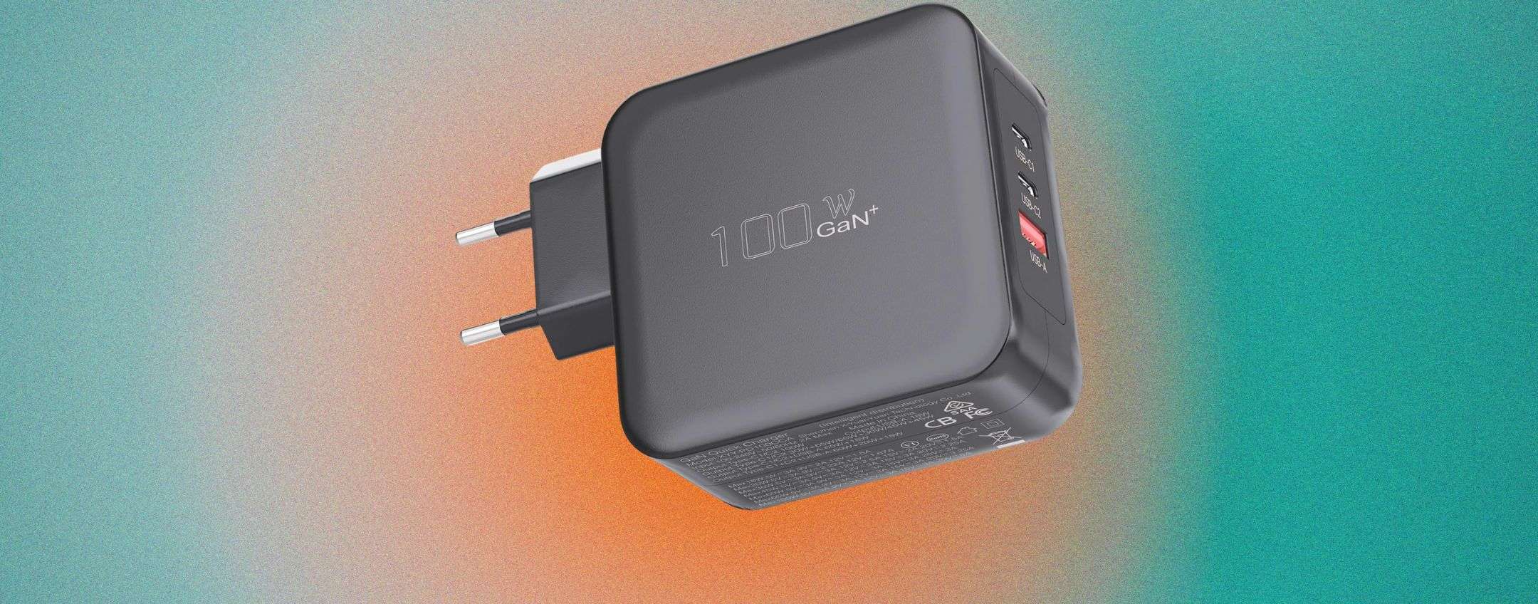 Caricatore USB-C 100W GaN in offerta a tempo: ricarichi laptop e telefono insieme