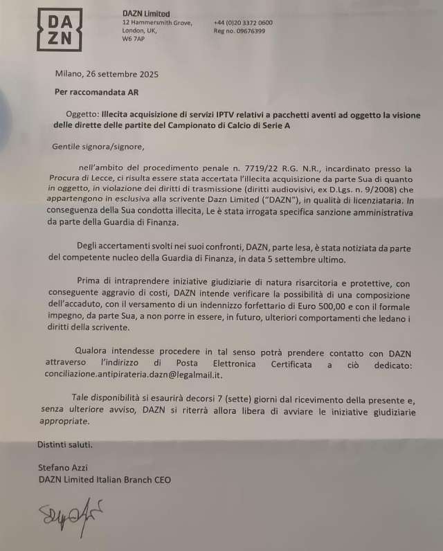 DAZN raccomandata risarcimento