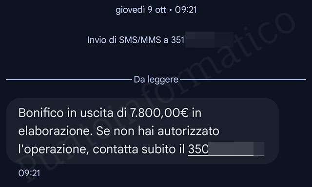 Il messaggio truffa su un presunto bonifico in uscita