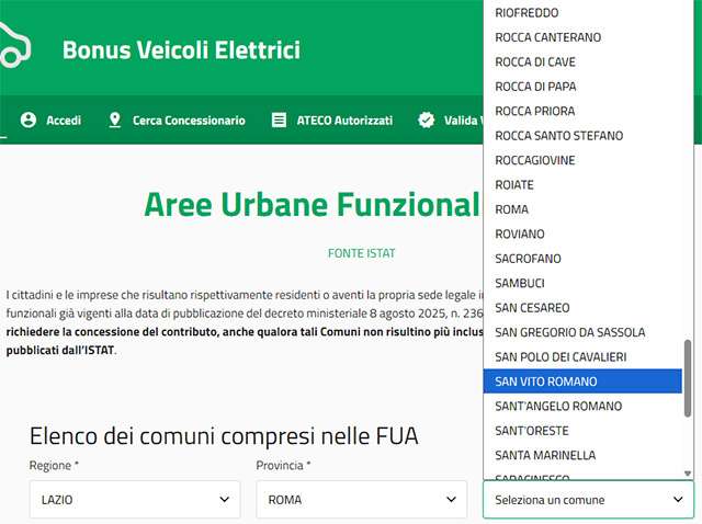 L'elenco dei comuni FUA per il Bonus auto elettriche