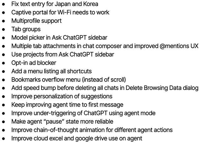 I prossimi fix e aggiornamenti per il browser ChatGPT Atlas di OpenAI