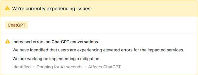 La dashboard di OpenAI conferma il down di ChatGPT