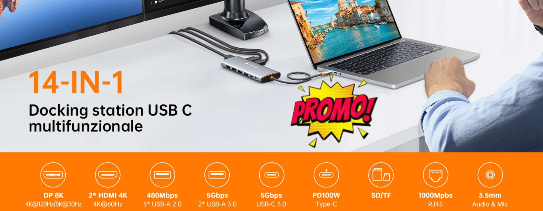 Docking Station 14 in 1 in offerta shock su Amazon, pochi pezzi