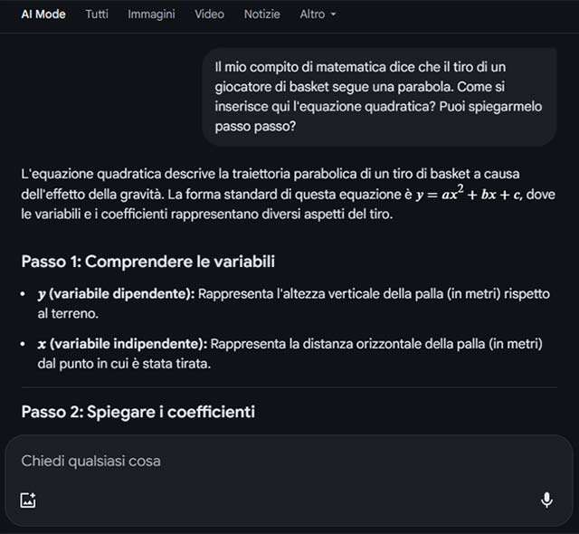 La AI Mode di Google spiega l'equazione di secondo grado