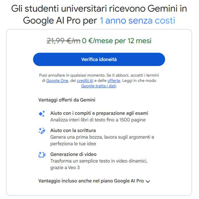 Google AI Pro gratis un anno per gli studenti universitari maggiorenni