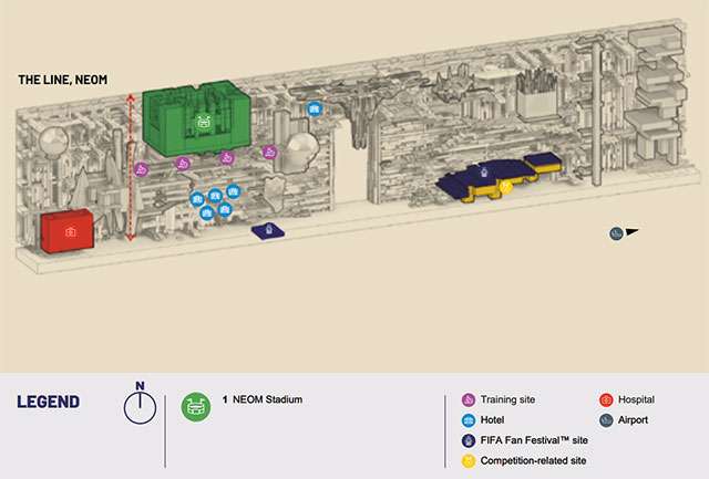 Lo stadio incastonato in cima alla città NEOM in Arabia Saudita