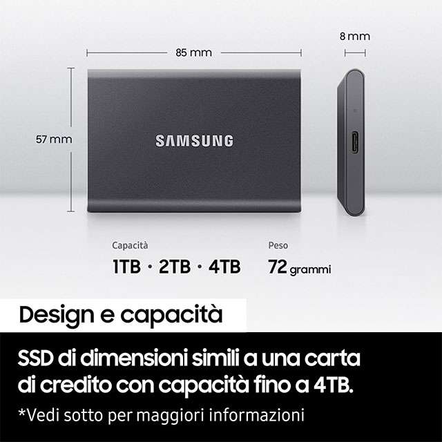 Caratteristiche e dimensioni di Samsung T7, unità SSD portatile