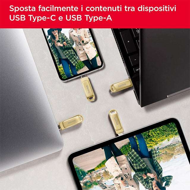 La pendrive SanDisk Ultra Dual Drive Luxe ha due connettori: USB-C e USB-A