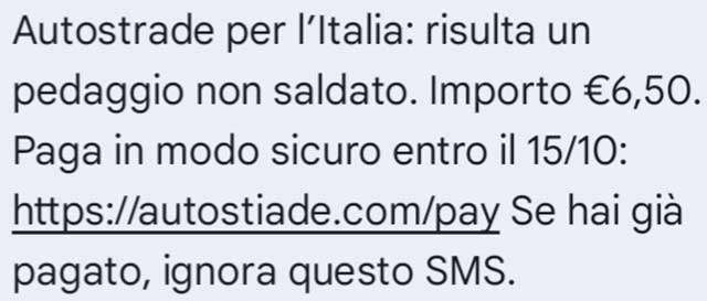 Il messaggio contente il link malevolo per la truffa a tema Autostrade