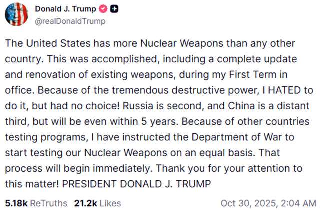 Trump annunci l'avvio immediato di nuovo test nucleari per gli Stati Uniti sul social network Truth