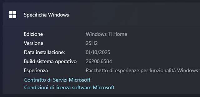 La versione 25H2 di Windows 11 installata sul PC in redazione