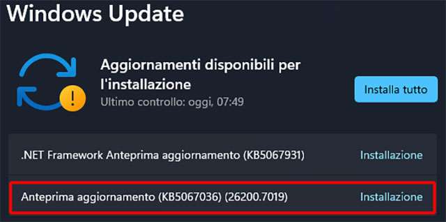 L'aggiornamento KB5067036 per Windows 11 25H2