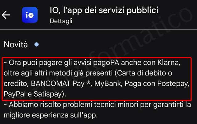 Klarna è disponibile come metodo di pagamento nell'app IO