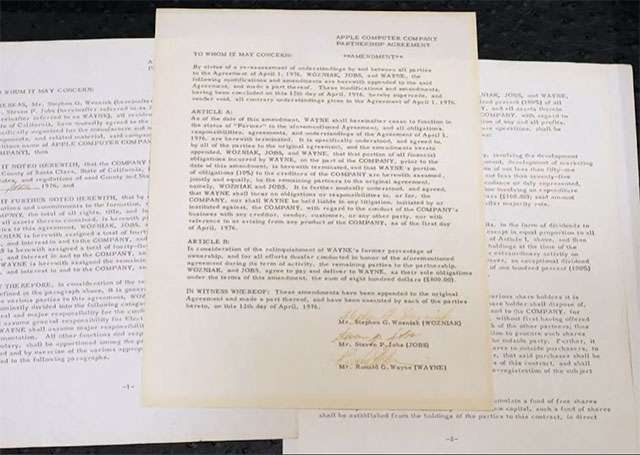 Le tre pagine del contratto con cui è stata fondata Apple