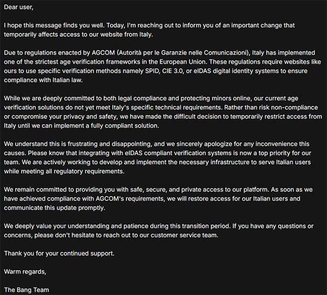 Bang ha bloccato l'accesso dall'Italia