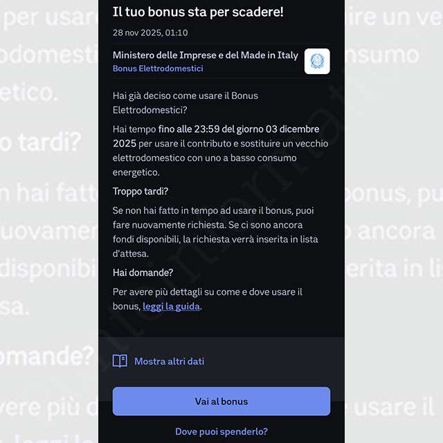 Il messaggio dell'app IO per l'imminente scadenza del Bonus elettrodomestici