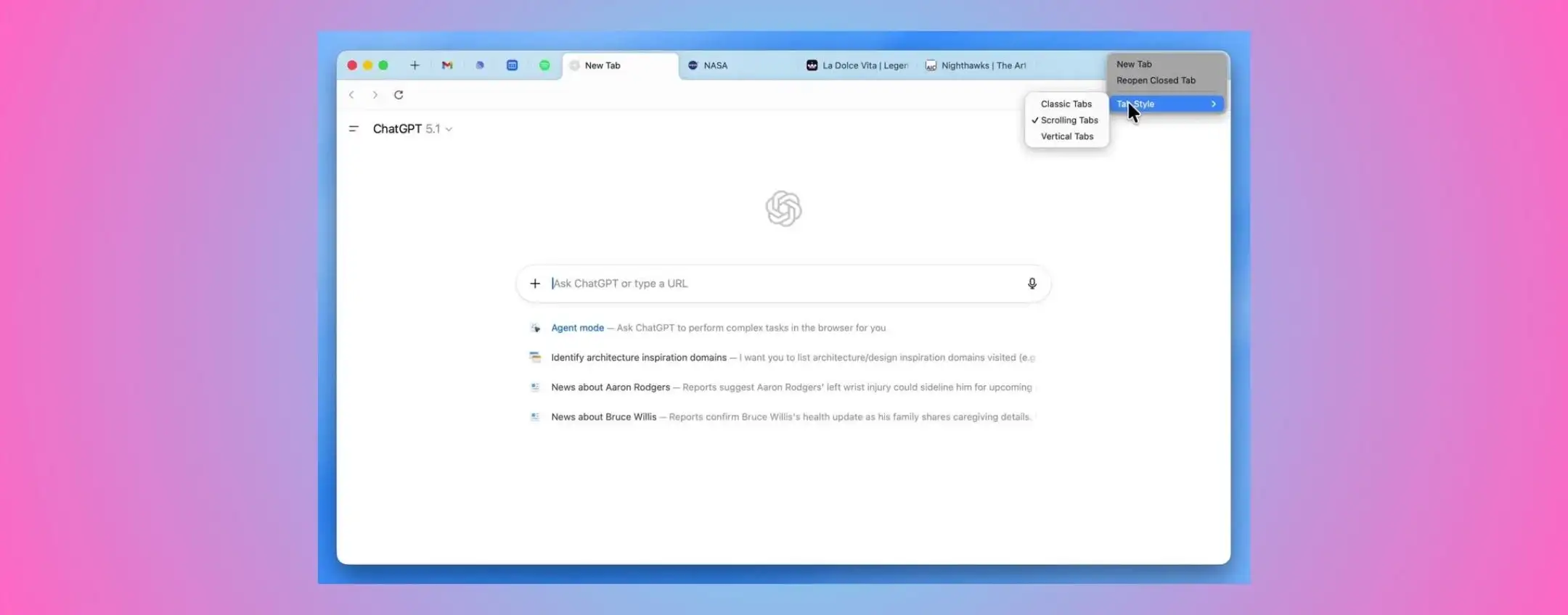 ChatGPT Atlas introduce le schede verticali e la ricerca di Google
